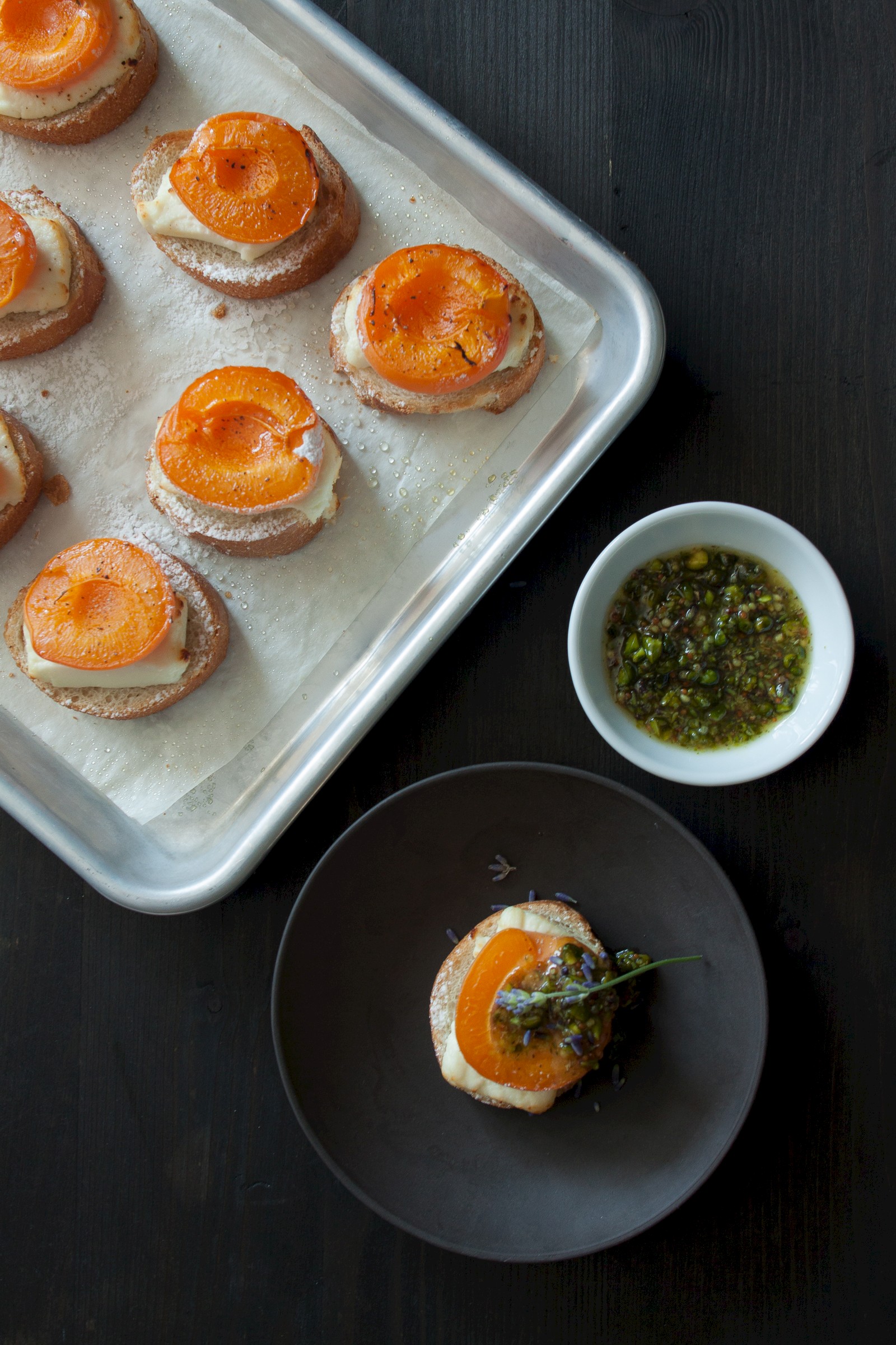 Apricots and goat cheese with lavender pistachio pesto