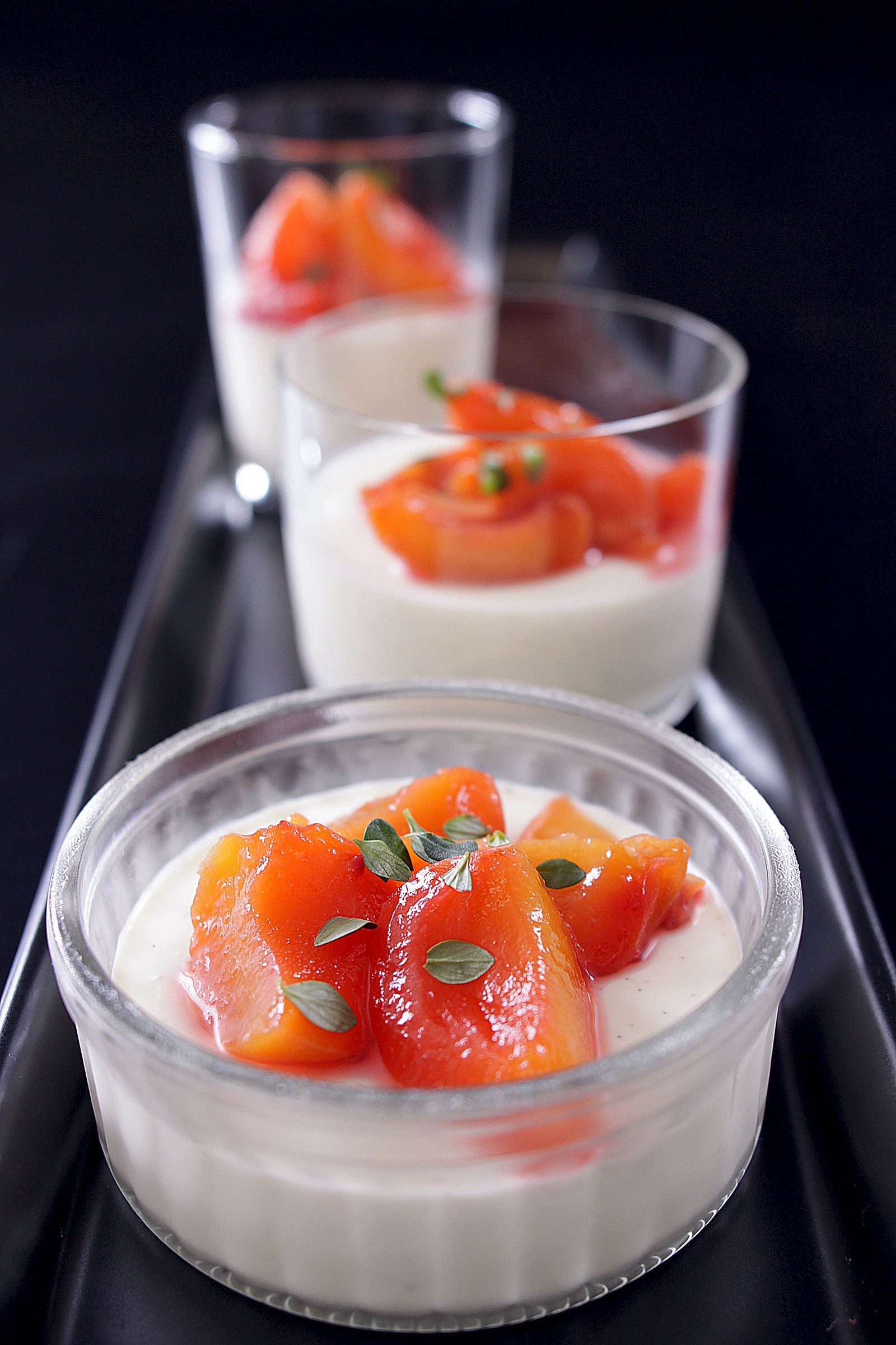 Yogurt panna cotta with apricots and lemon thyme