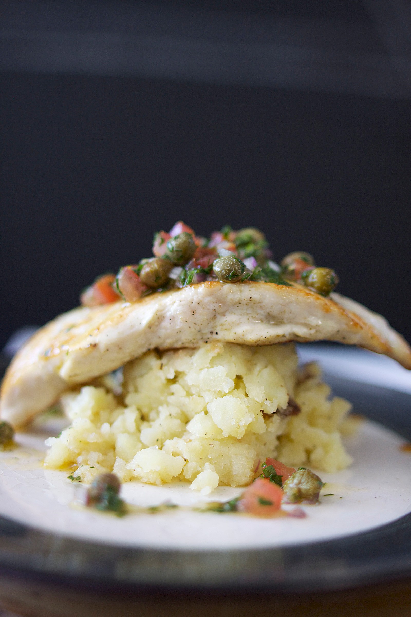 Chicken with roasted mashed potatoes and salsa