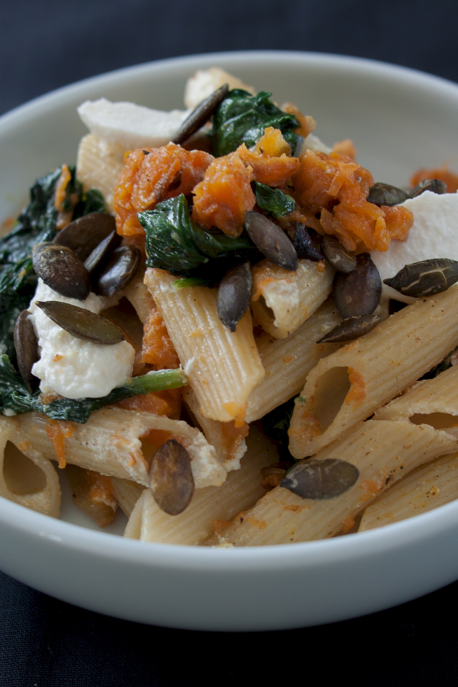 Penne with pumpkin, spinach and ricotta