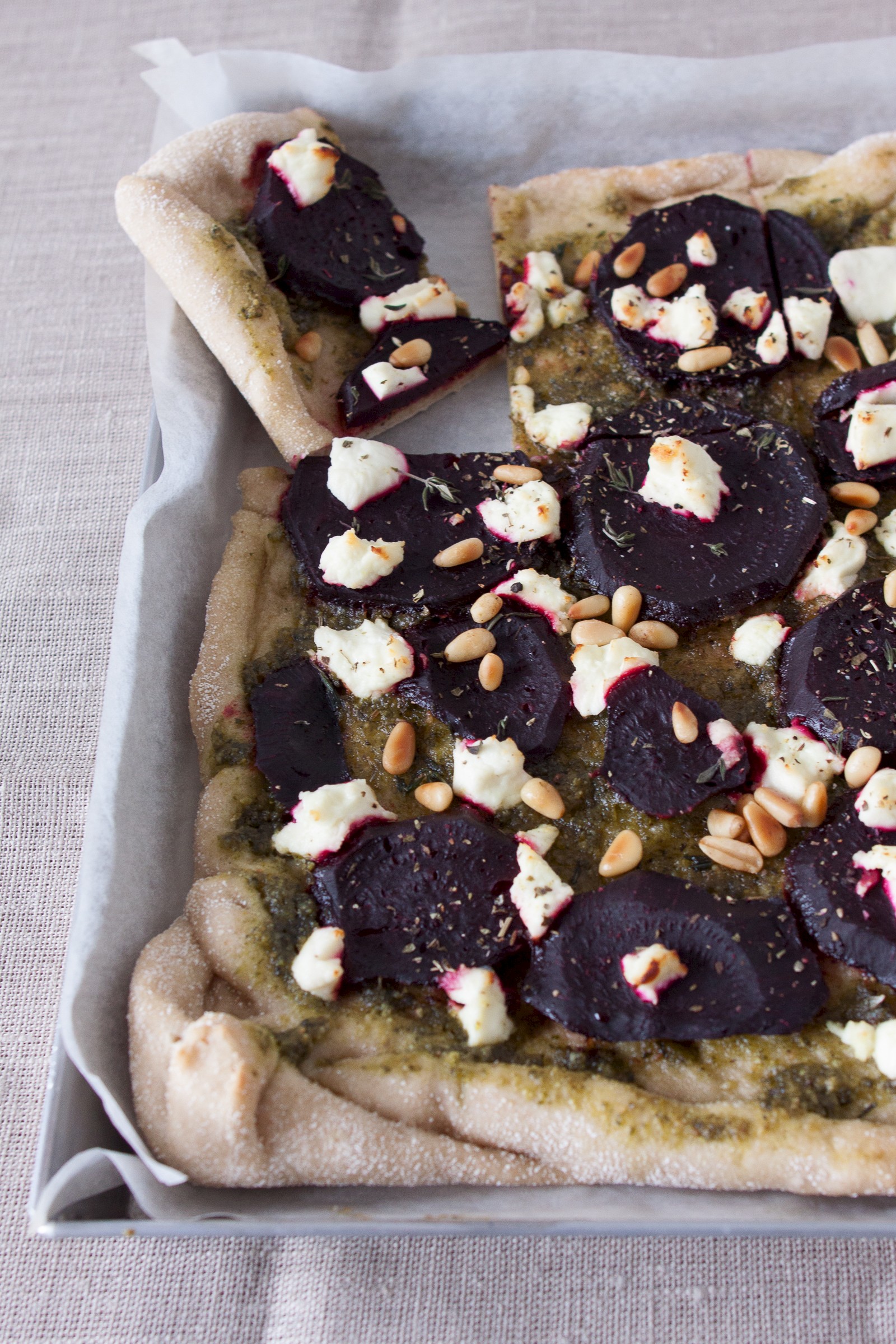 Sourdough pizza with beetroot and basil pesto