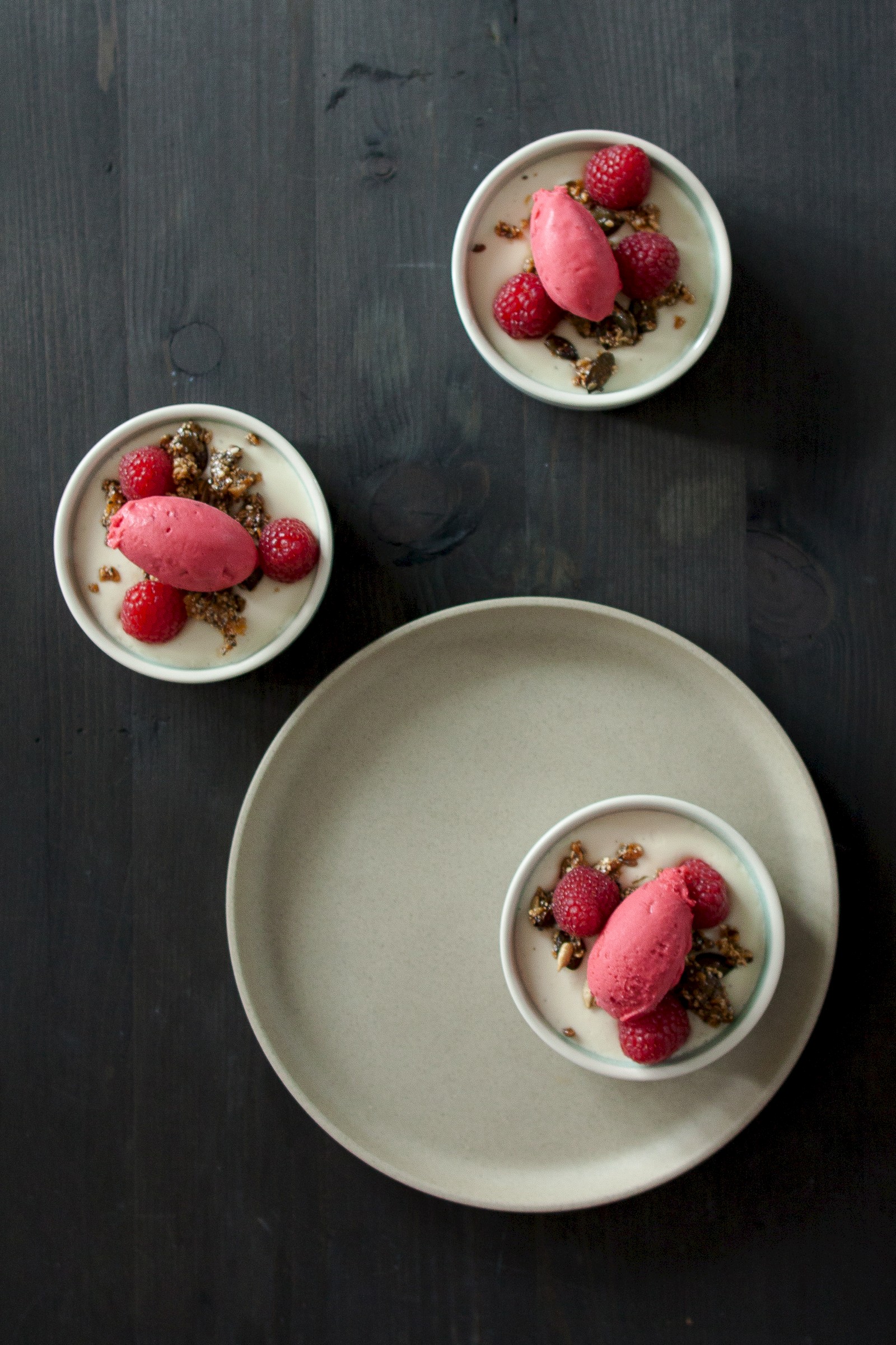 Crunchy verbena panna cotta with rasperries