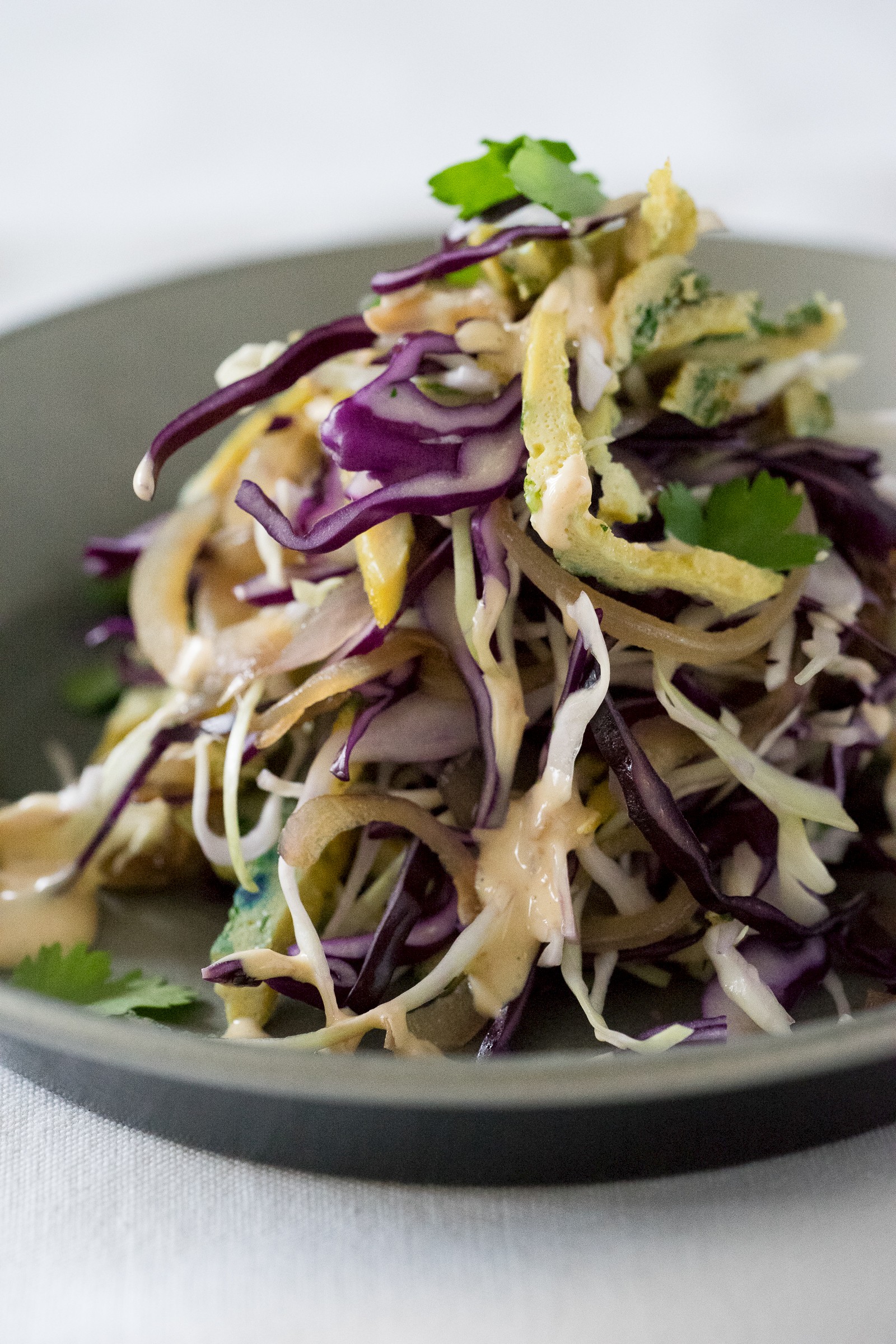 Coleslaw with coriander pancake and miso mayonnaise