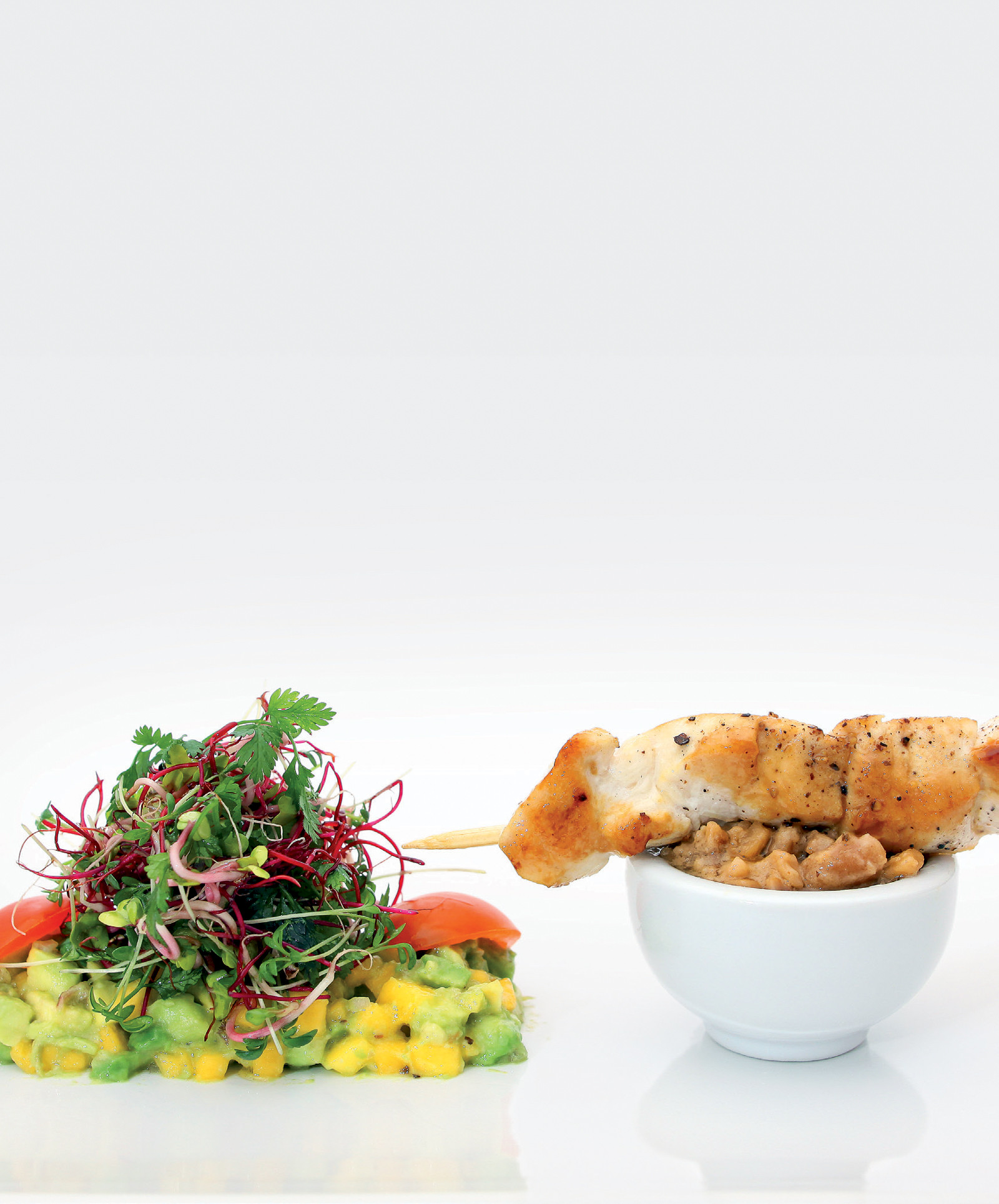 Chicken satay with peanut sauce and avocado