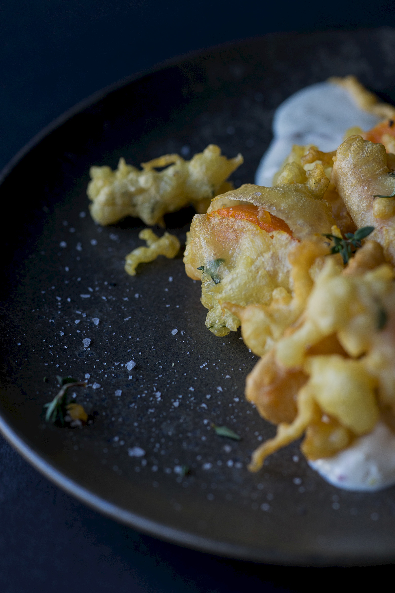 Pumpkin tempura with wasabi yogurt
