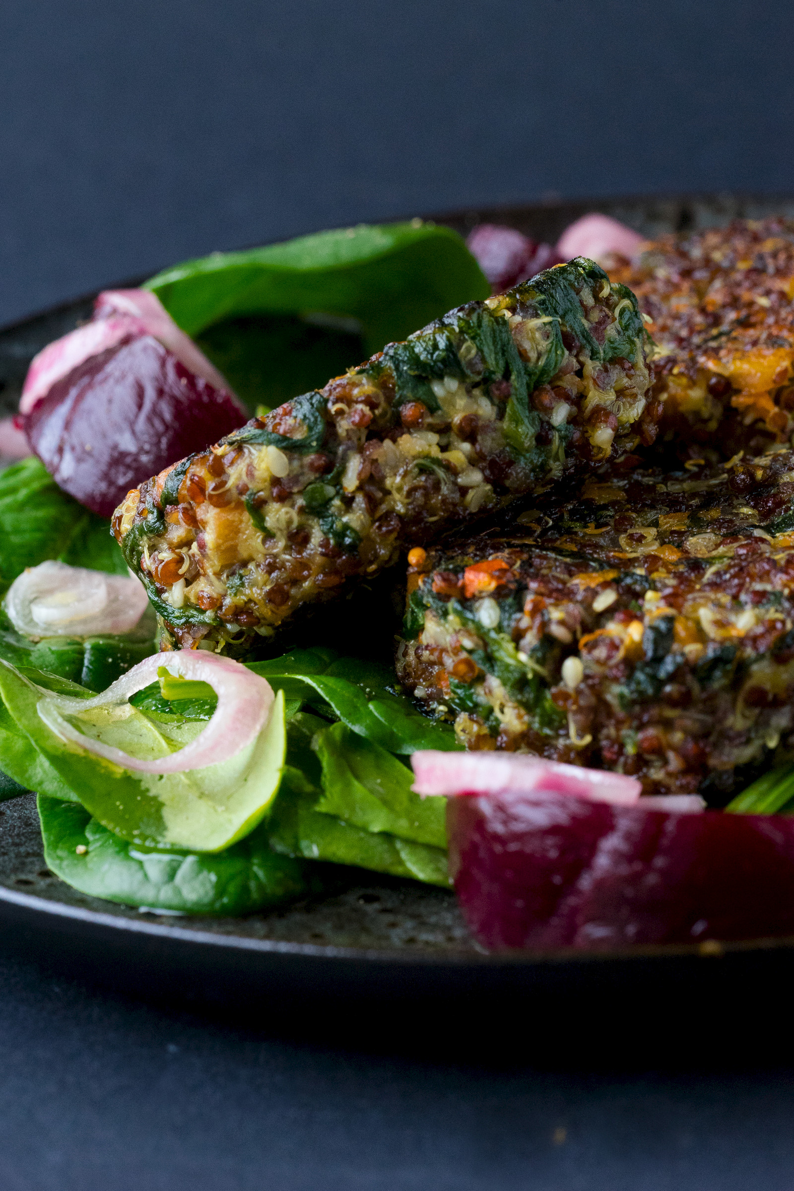 Quinoa burgers with pickled shallots