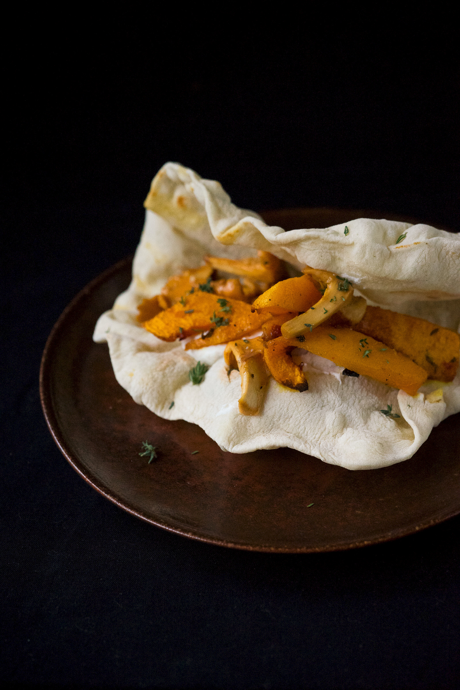 Piadina with butternut squash and chanterelles