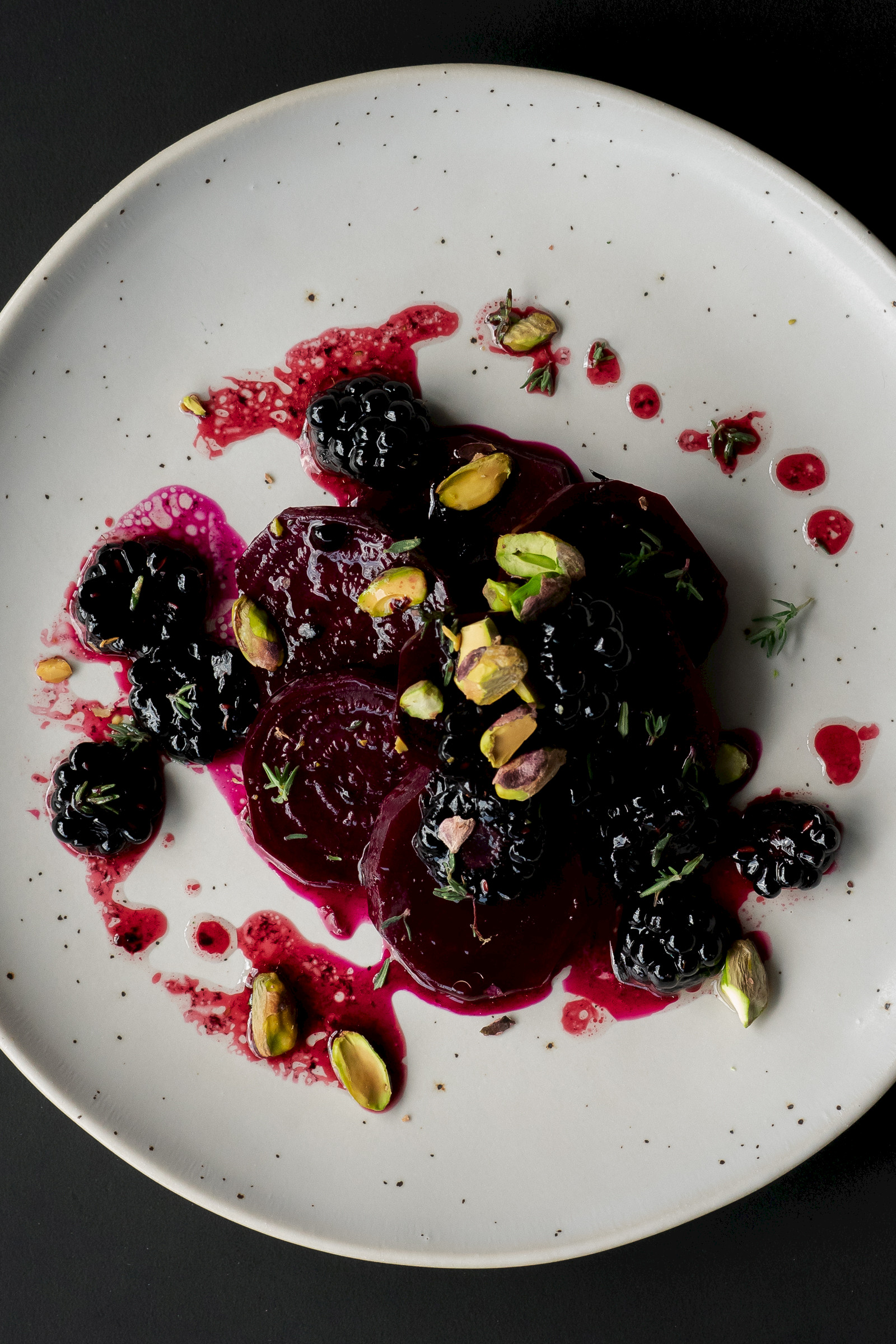 Beetroot with blackberries and pistachio