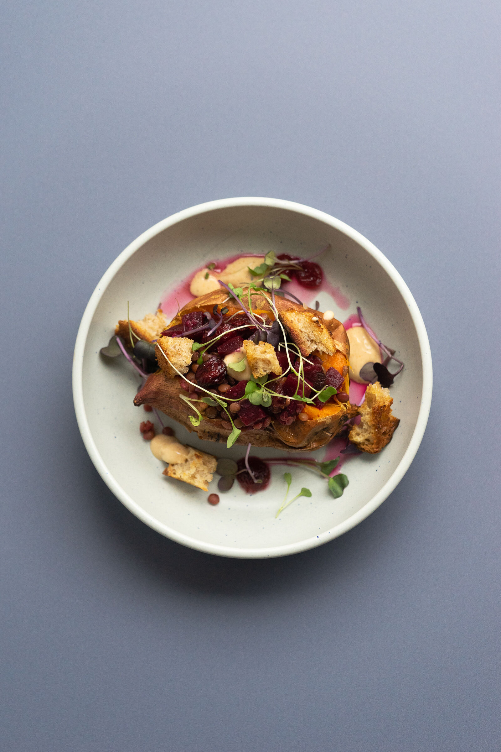 Süsskartoffeln mit Tahini-Dressing, Linsen, Cranberries und Sauerteigbrot
