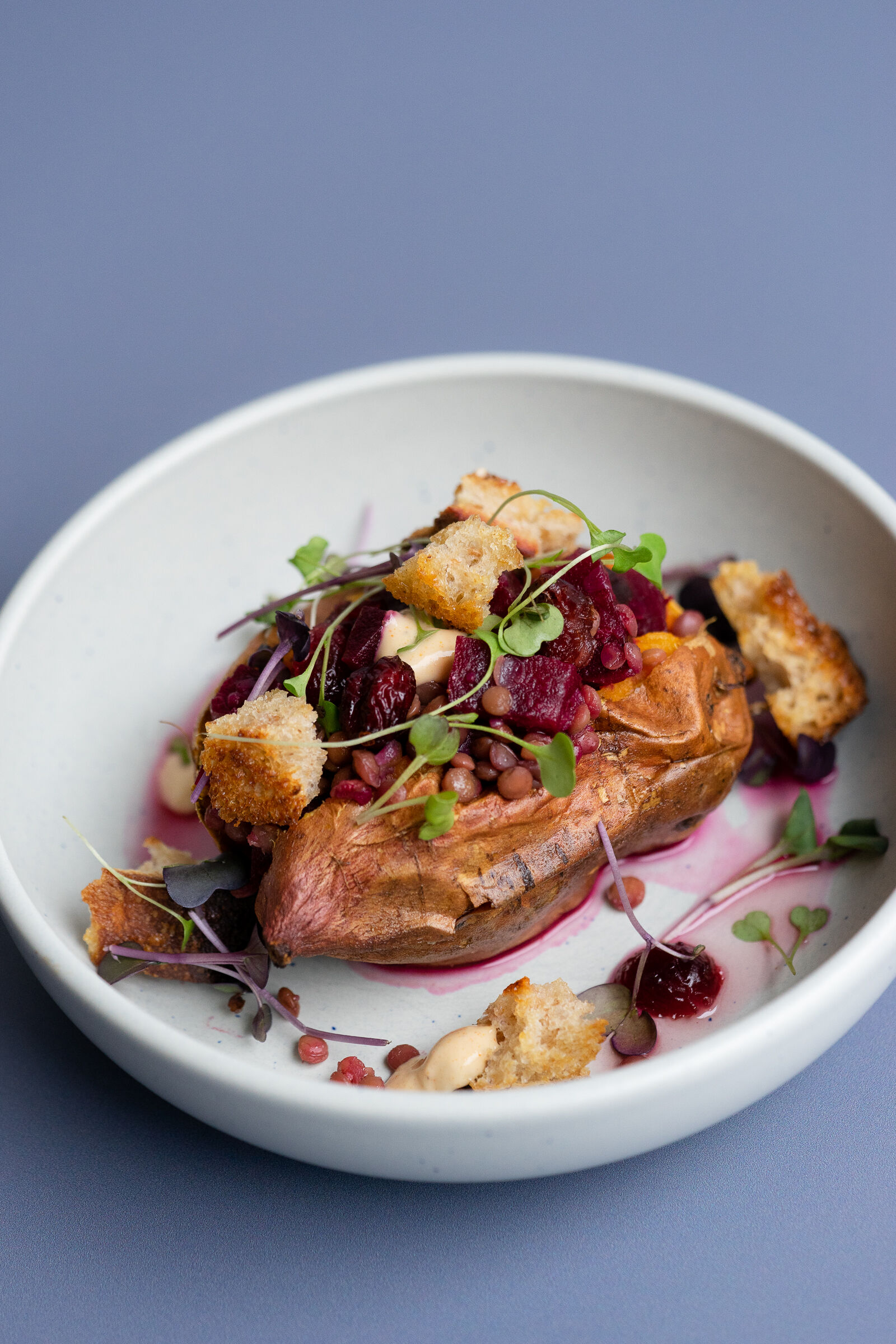 Süsskartoffeln mit Tahini-Dressing, Linsen, Cranberries und Sauerteigbrot