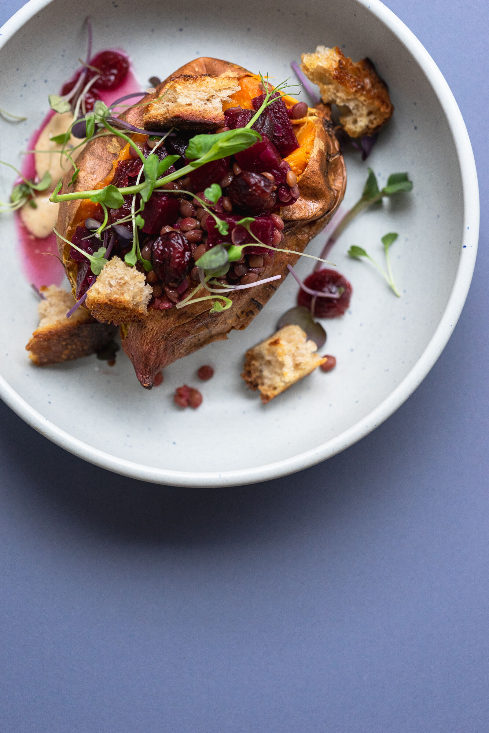Süsskartoffeln mit Tahini-Dressing, Linsen, Cranberries und Sauerteigbrot