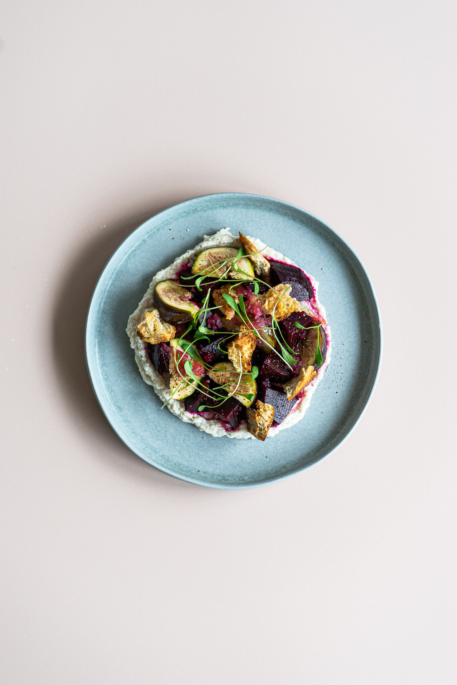 Beetroot and fig salad with ricotta bean cream and red onions
