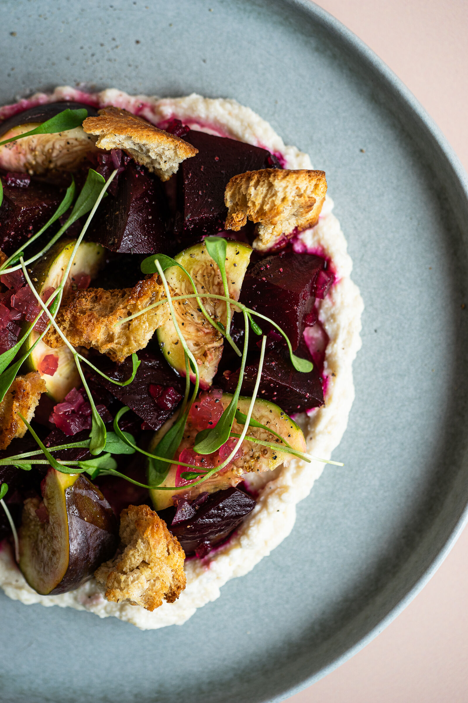 Beetroot and fig salad with ricotta bean cream and red onions