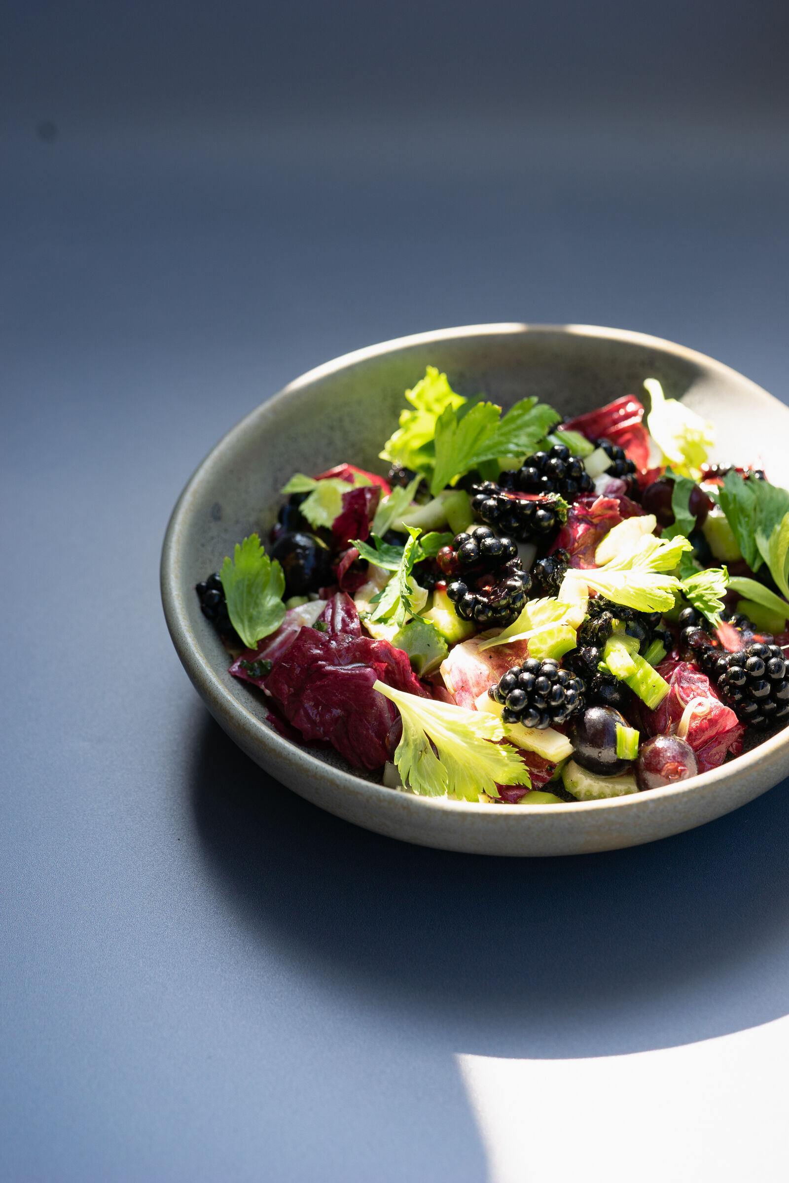 Celery salad with blackberries, grapes and Cicorino rosso