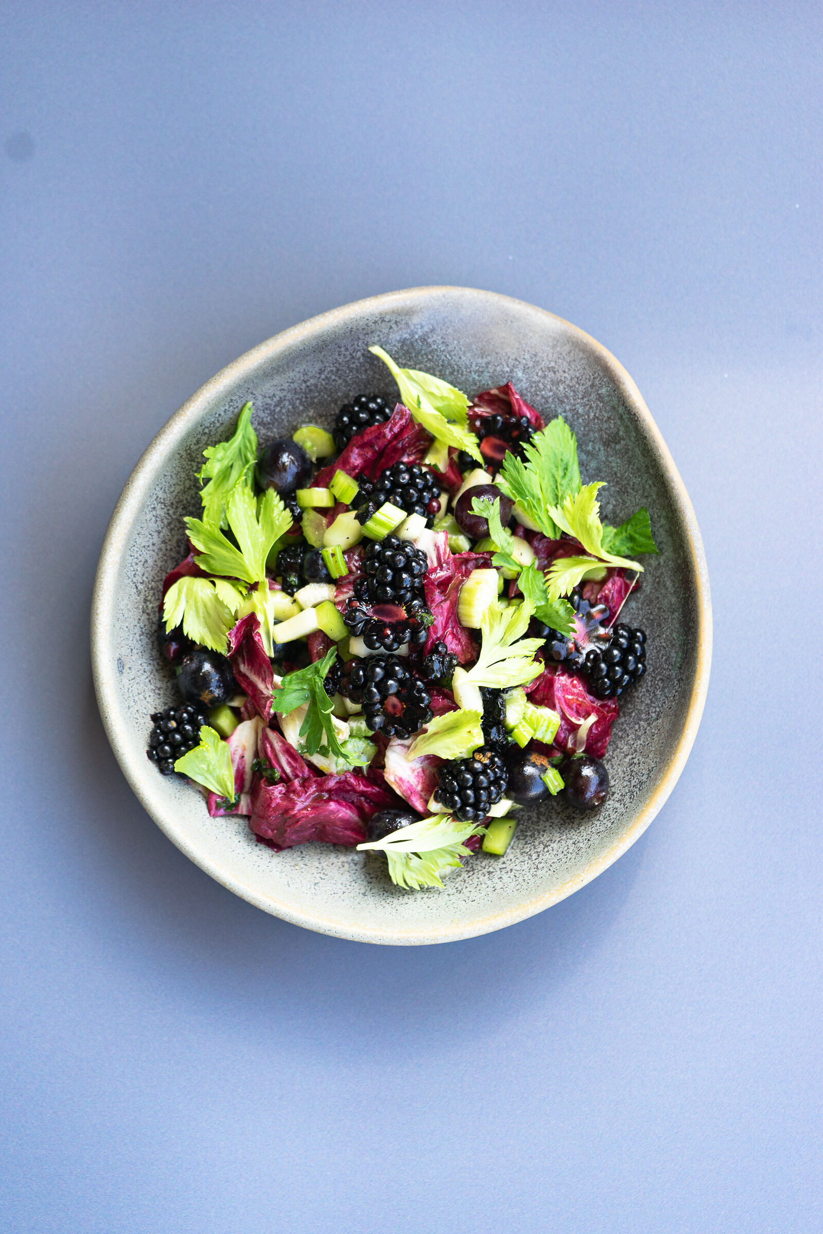 Celery salad with blackberries, grapes and Cicorino rosso