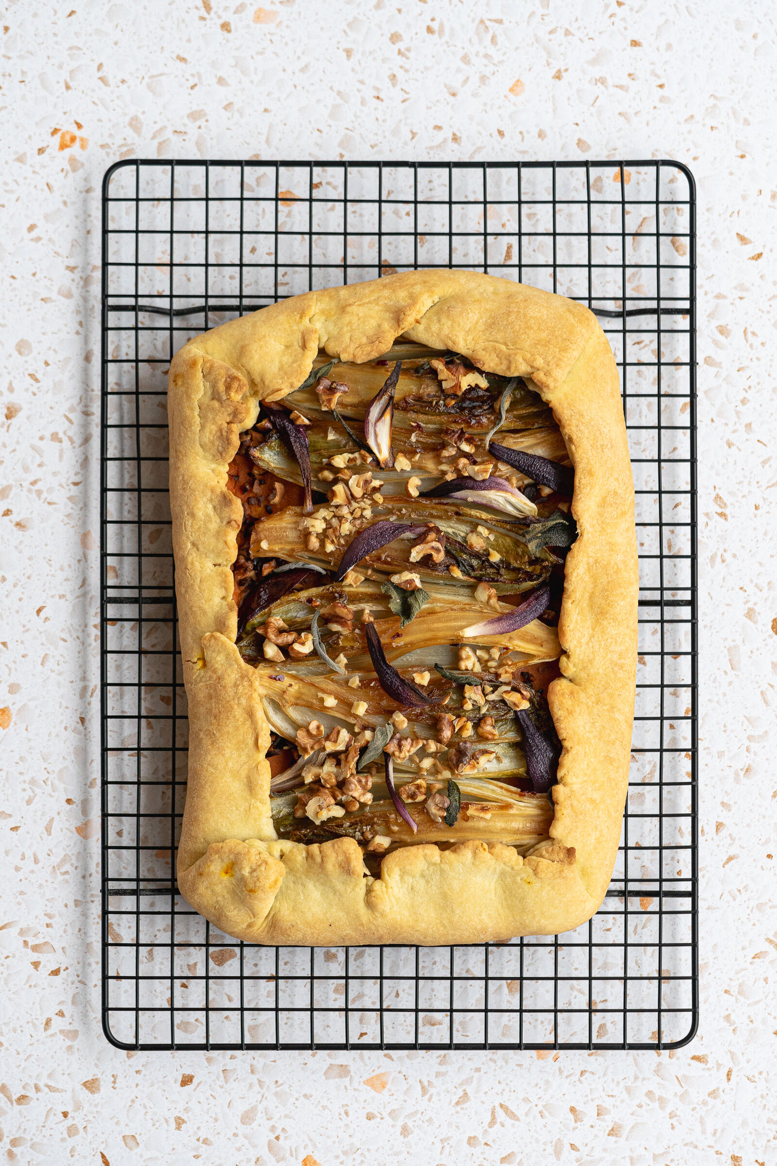 Chicory galette with pumpkin, sage and walnuts