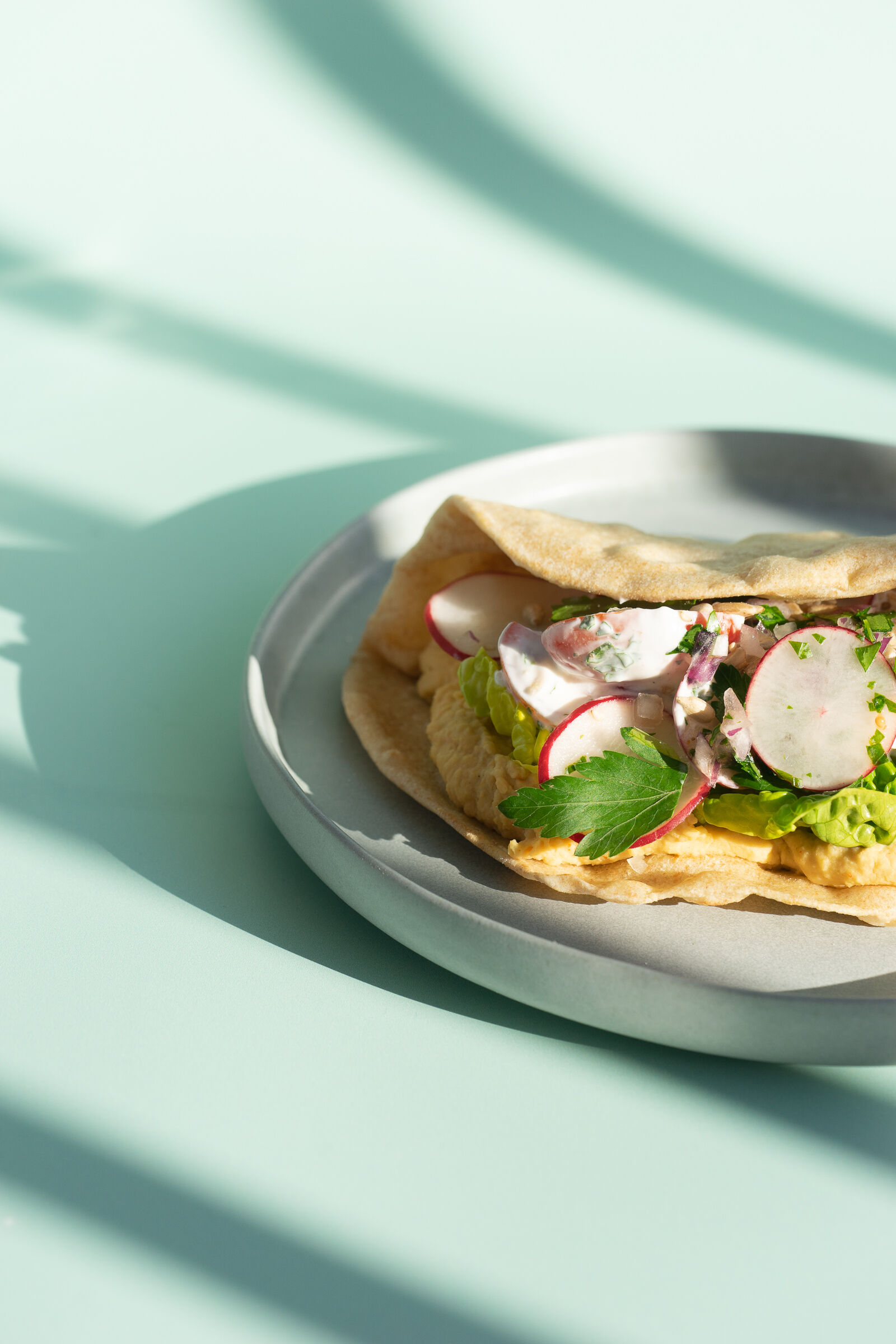 Tortilla Wrap mit Hummus, Crudités und Joghurt